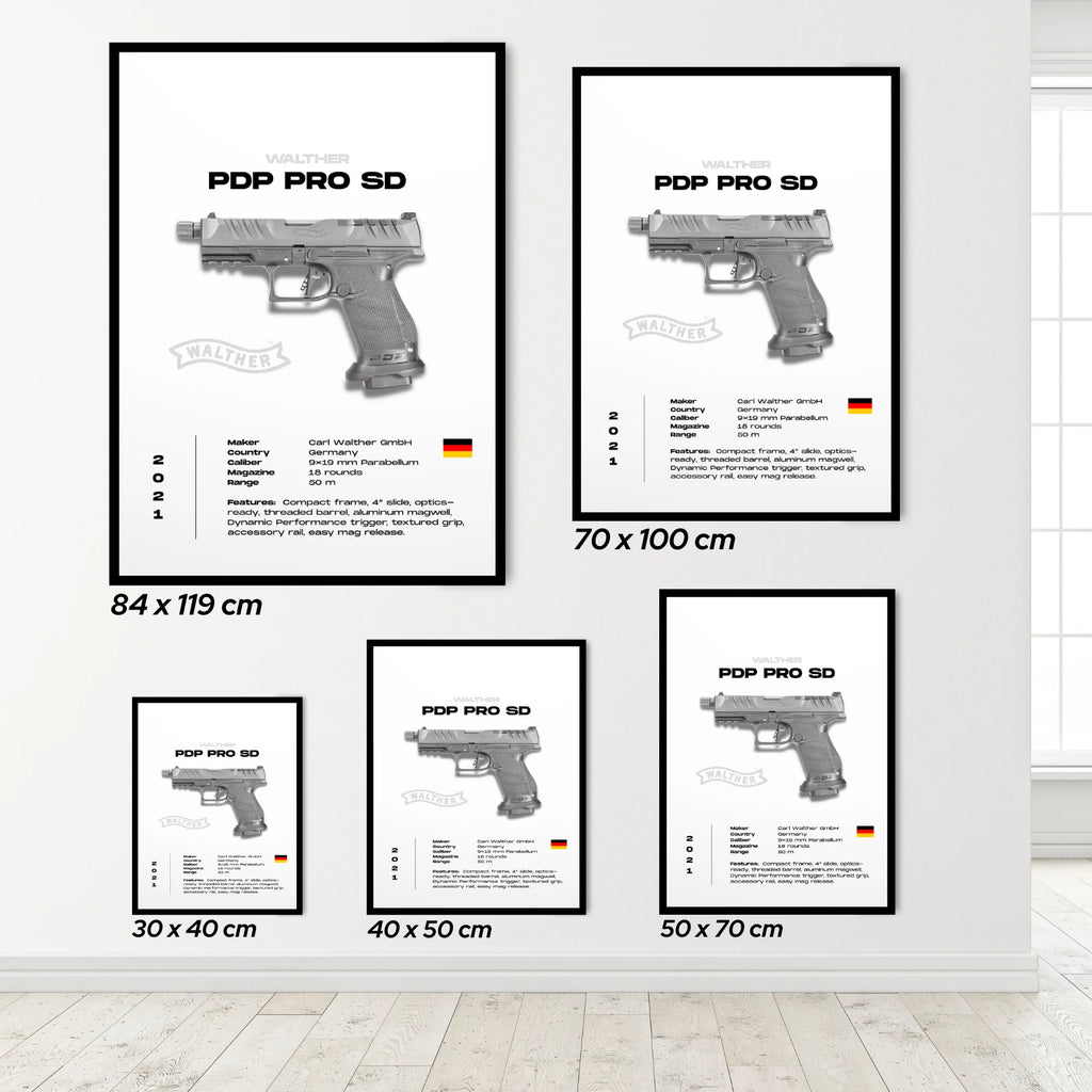 Framed prints of Walther gun poster  design with various sizes on a white wall.