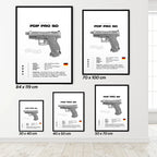 Framed prints of Walther gun poster  design with various sizes on a white wall.