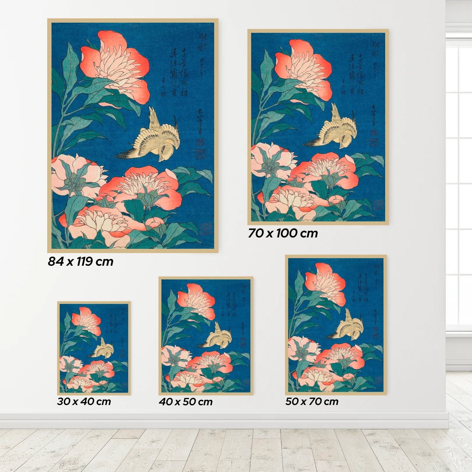 Set of floral artworks with dimensions displayed on a white wall.