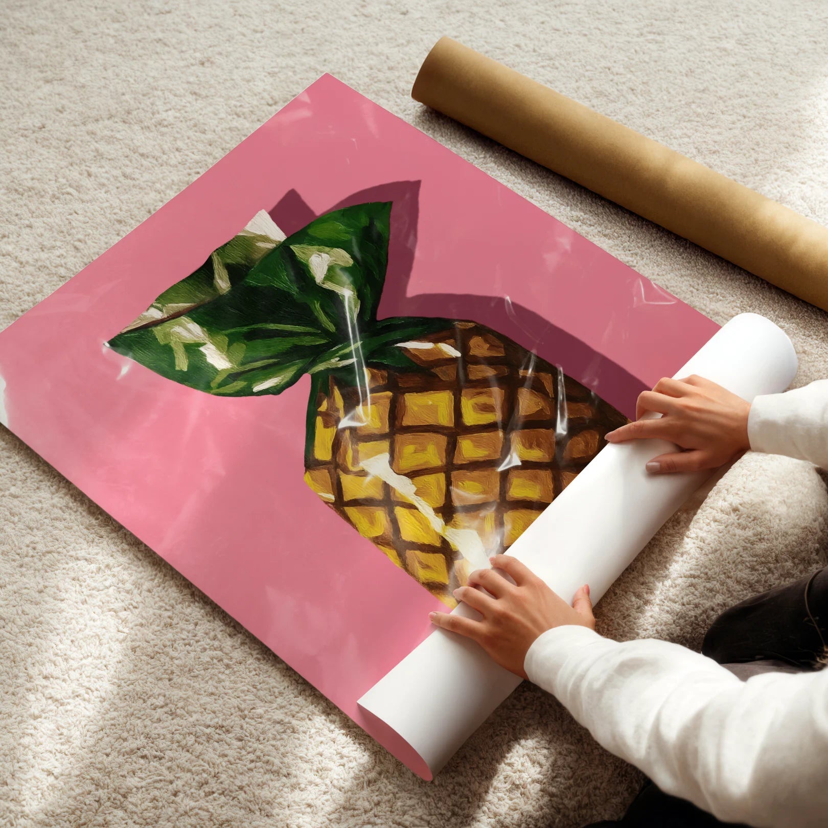 Person unrolling a pink poster with a pineapple design on a carpeted floor.