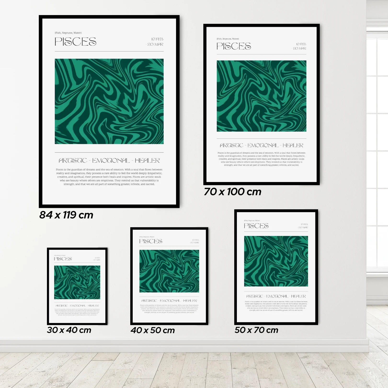 Set of five framed artworks with pisces zodiac posters on a white wall.