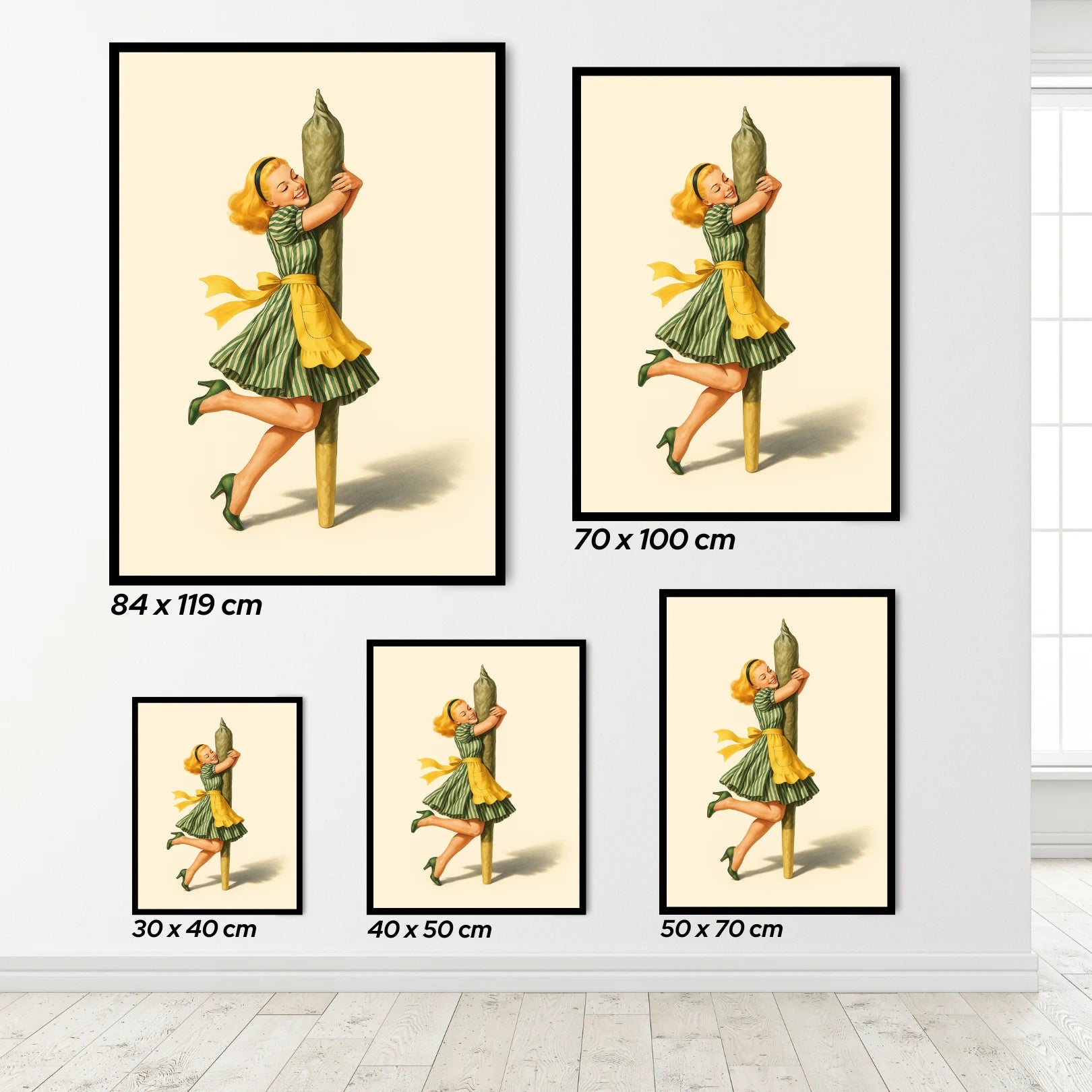 Set of framed illustrations depicting a woman in a green dress with a yellow apron, holding a large green cannabis cigarette.