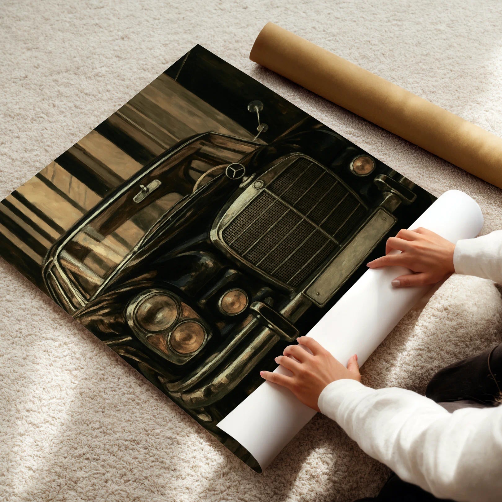 Person unrolling a large poster of a vintage mercedes car on a carpeted floor.