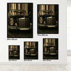 Set of five framed pictures of a vintage mercedes with dimensions displayed.