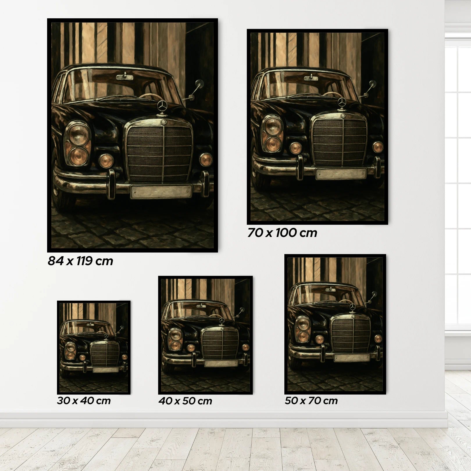 Set of five framed pictures of a vintage mercedes with dimensions displayed.