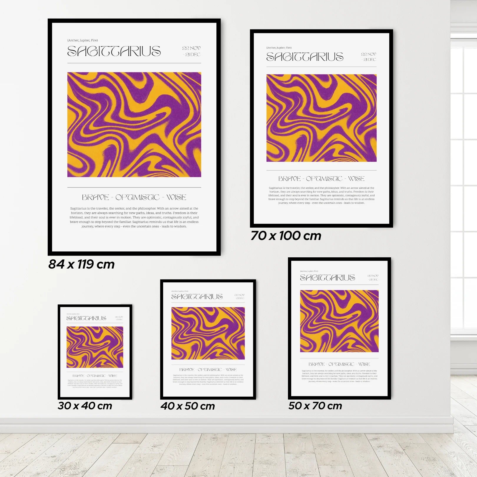 Set of 'Sagittarius' zodiac themed posters with abstract designs in purple and yellow, displayed on a white wall.
