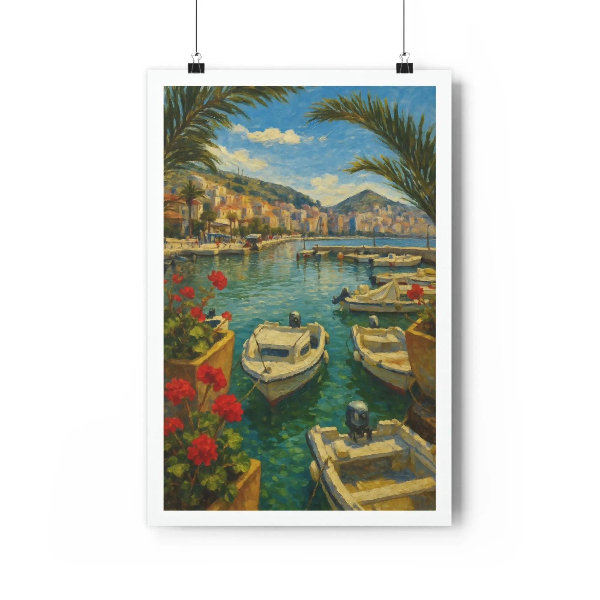 Saranda Mediterranean harbor art print with boats and red flowers – pictorprints