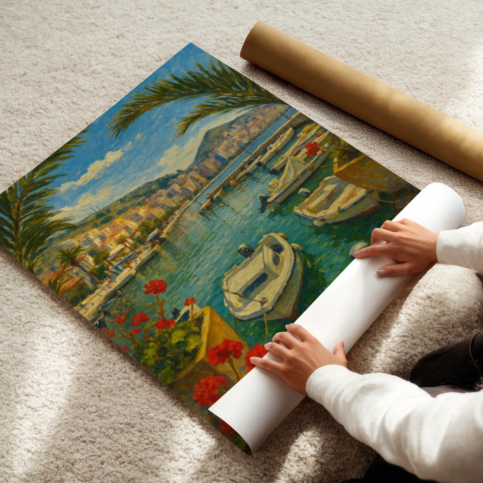 Person unrolling a large painting of an Albanian coastal scene with boats on a carpeted floor.