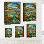 Set of five framed paintings depicting an Albanian coastal scene with boats and palm trees, displayed on a clean white wall.