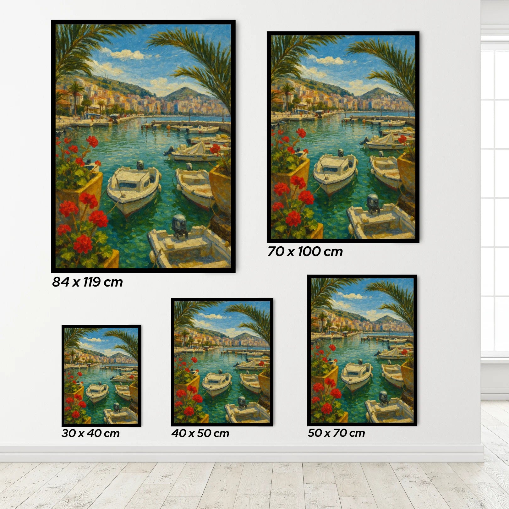 Set of five framed paintings depicting an Albanian coastal scene with boats and palm trees, displayed on a clean white wall.