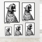 Set of black and white leopard prints of different sizes on a light gray wall.