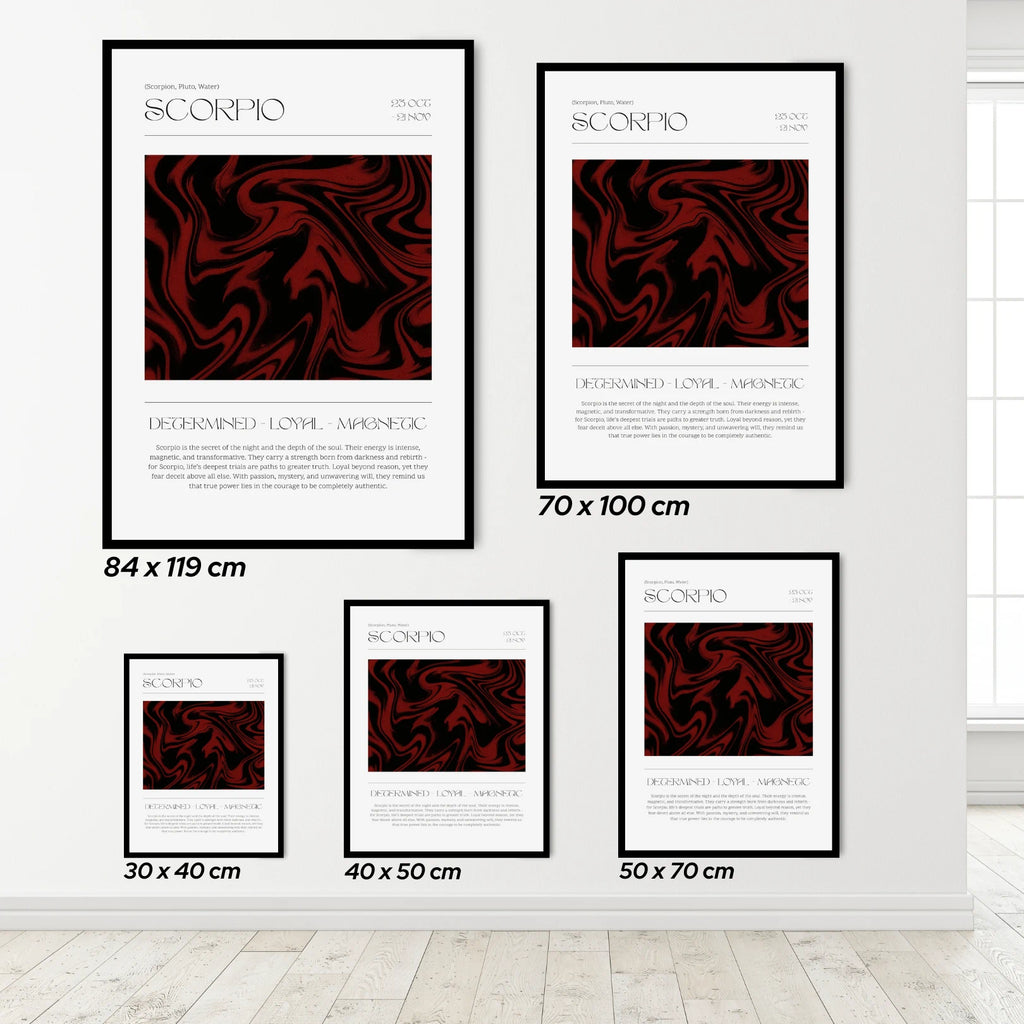 Set of Scorpio zodiac posters with different sizes on a white wall.