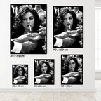 Set of black and white posters featuring Malena movie woman with a cigarette, displayed with size specifications.