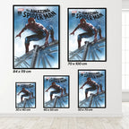 Set of 'The Amazing Spider-Man' posters in various sizes on a white wall.