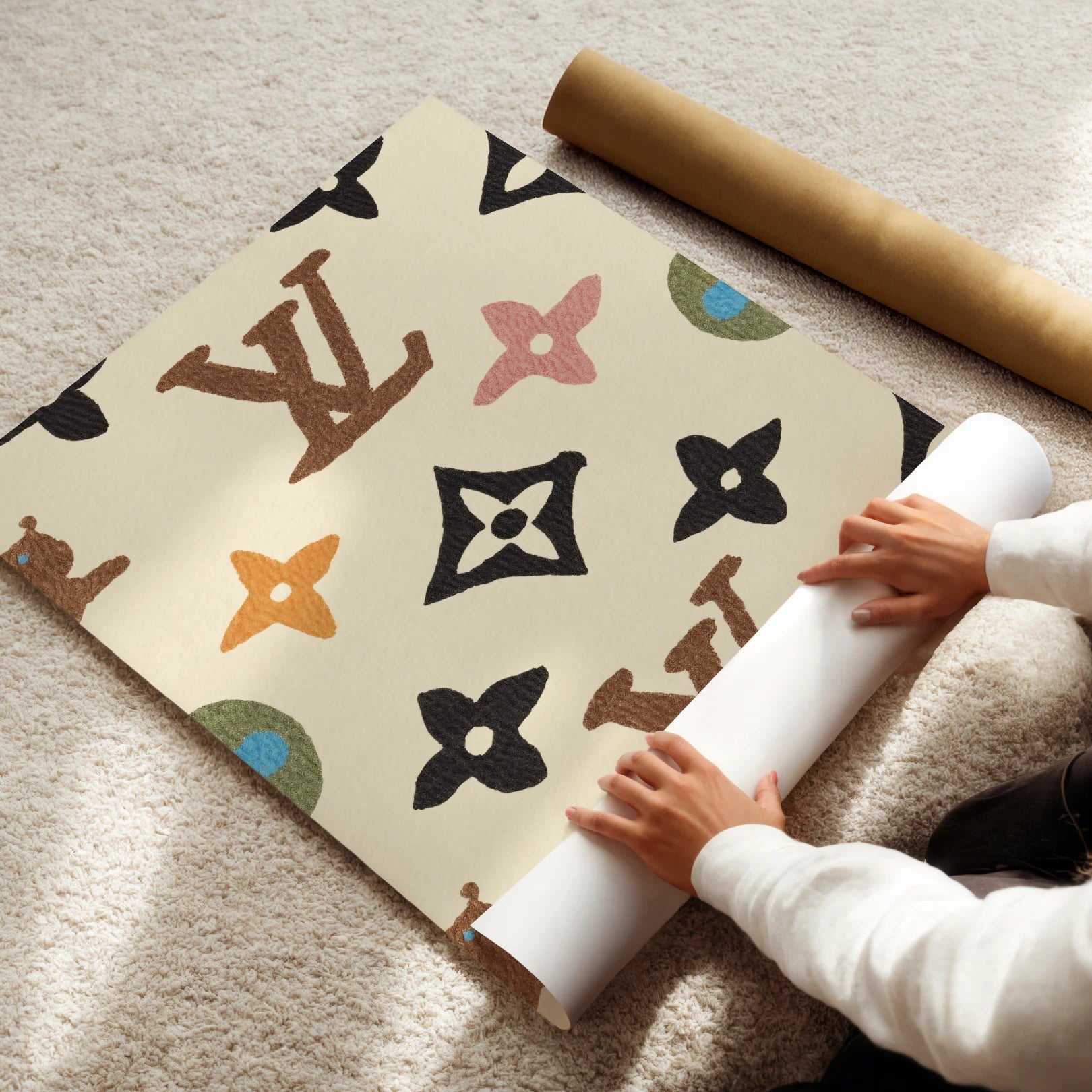 Person unrolling a Louis Vuitton-patterned poster on a carpeted floor.