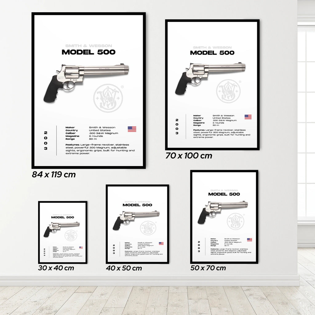 Set of framed posters with smith & Wesson model 500 design on a white wall.