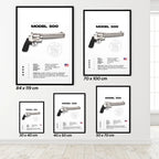 Set of framed posters with smith & Wesson model 500 design on a white wall.
