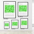 Set of taurus zodiac abstract art prints on a white wall with size labels.