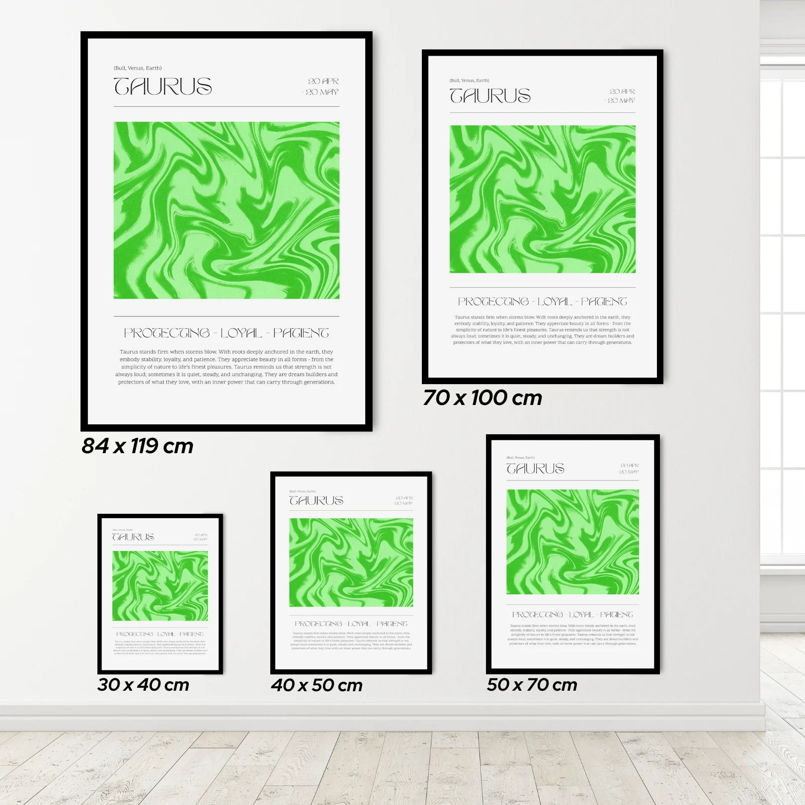 Set of taurus zodiac abstract art prints on a white wall with size labels.