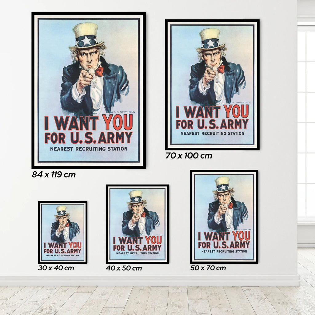 Set of 'I Want You for U.S. Army' posters in various sizes on a white wall.
