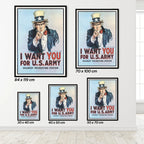 Set of 'I Want You for U.S. Army' posters in various sizes on a white wall.