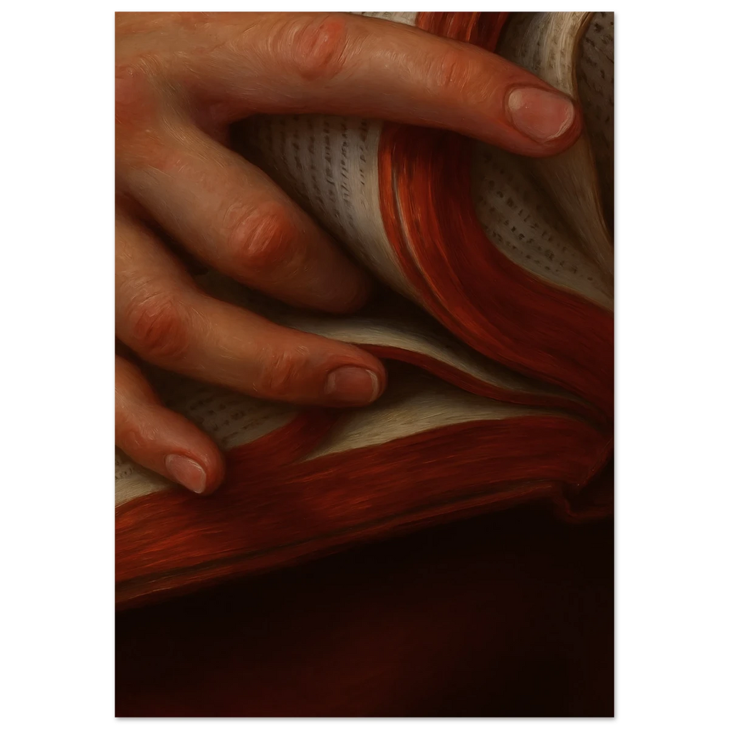 Close-up of a hand holding an open book with red pages.