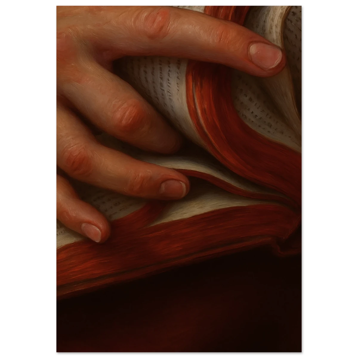 Close-up of a hand holding an open book with red pages.