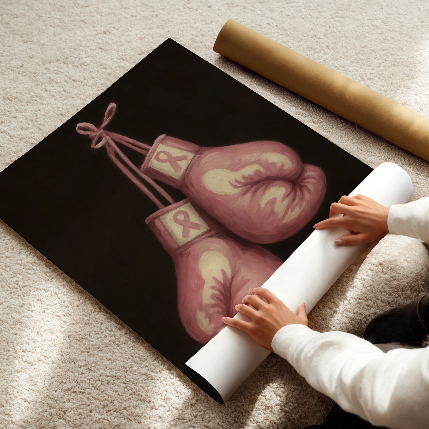 Person unrolling a poster featuring pink boxing gloves with a cancer awareness ribbon design on a black background.