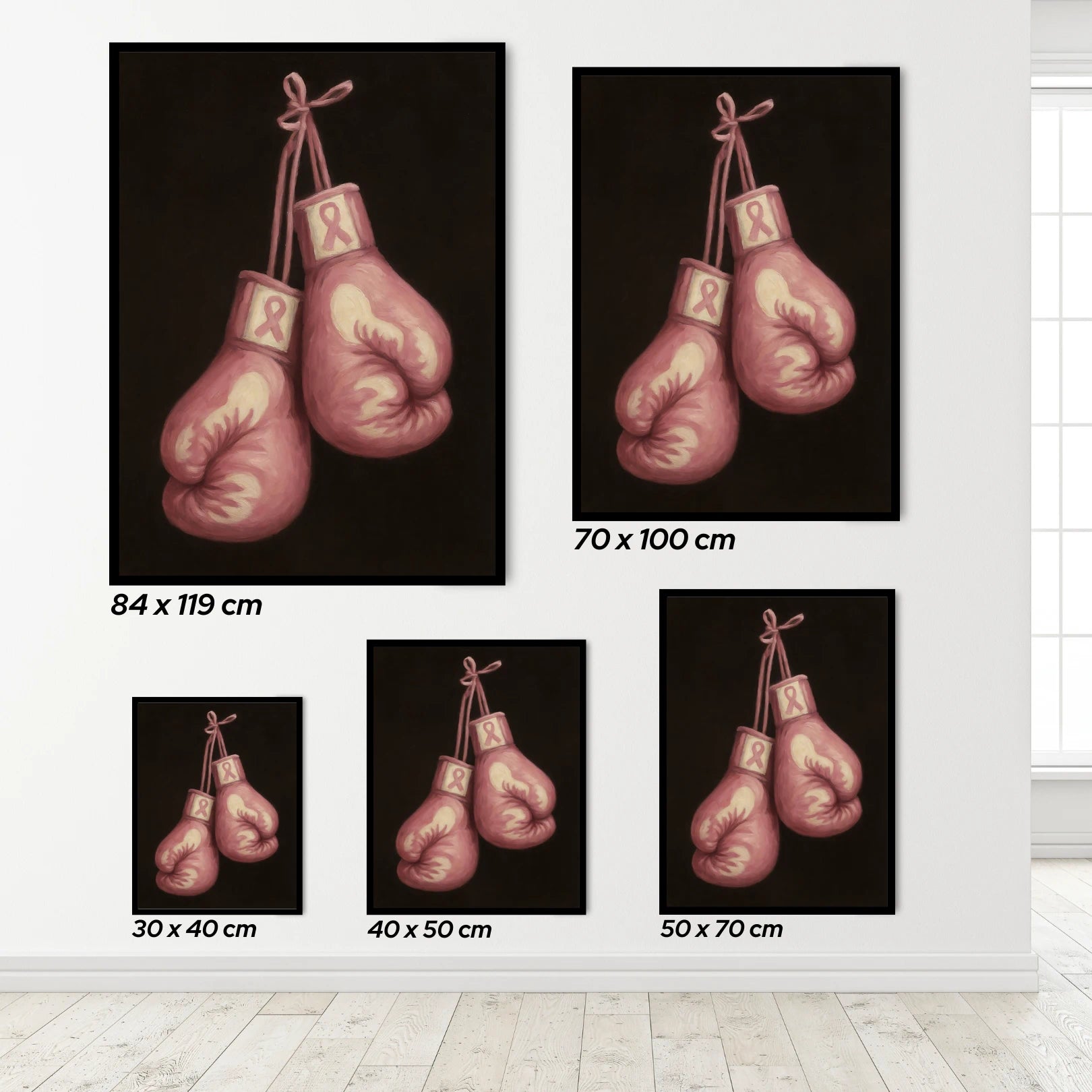 Set of boxing glove wall art prints with dimensions displayed.