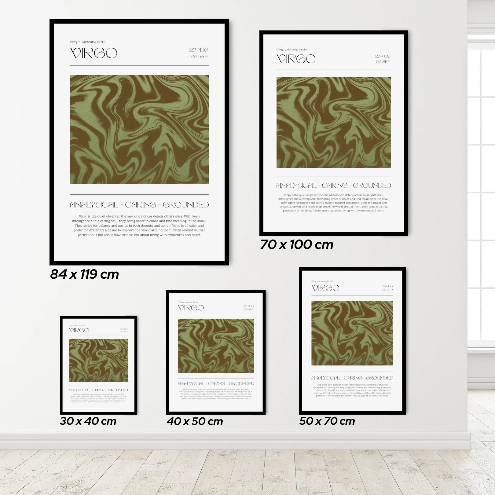 Set of virgo zodiac framed art prints with dimensions displayed on a white wall.