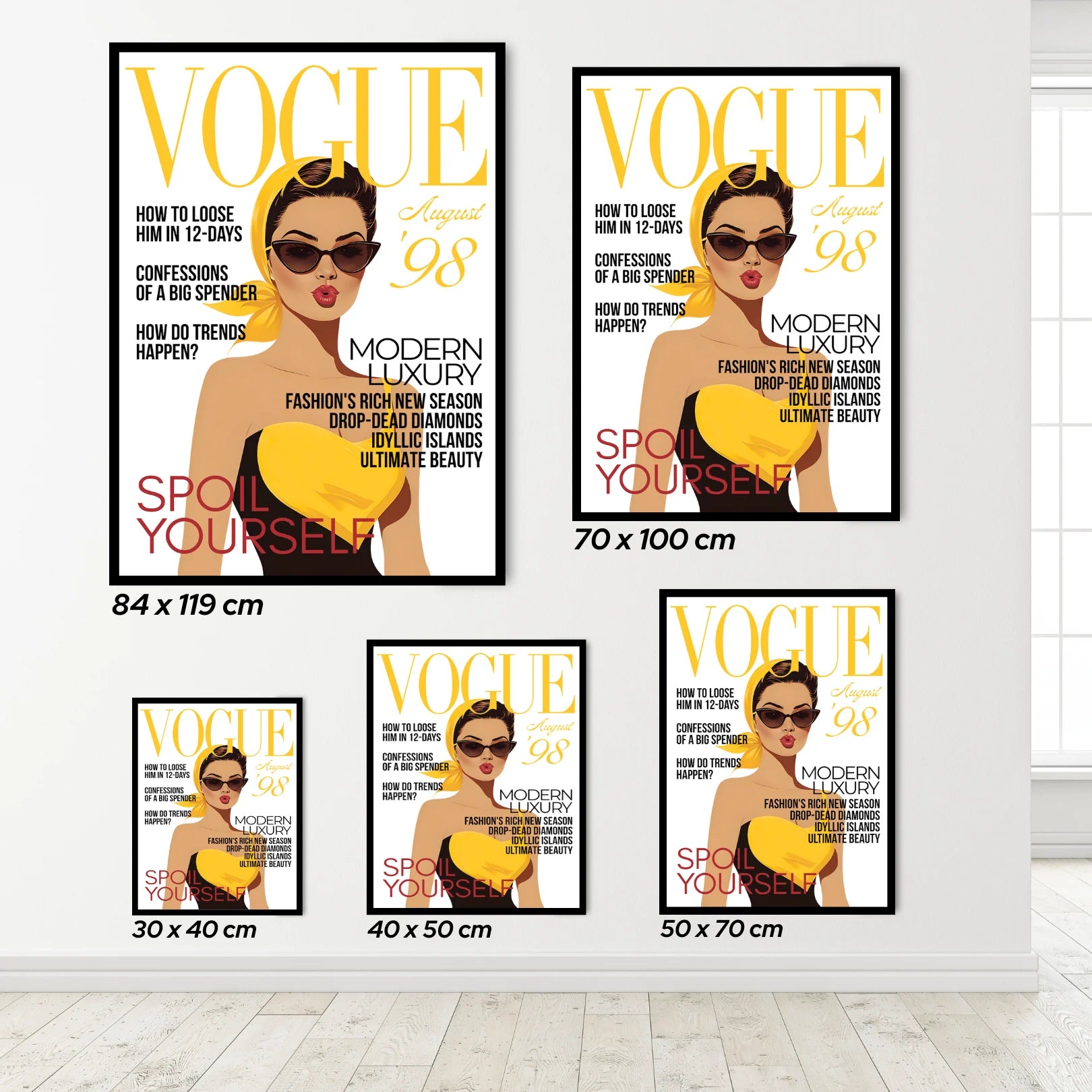 Set of Vogue magazine cover posters with a woman in a yellow dress and sunglasses on a white wall.