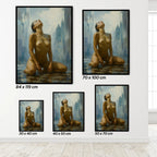 Set of framed paintings of a nude woman in various sizes on a white wall.