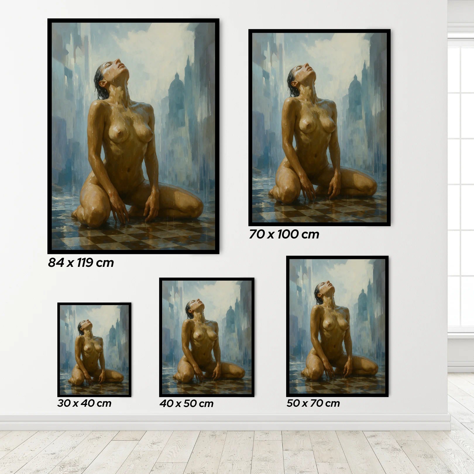 Set of framed paintings of a nude woman in various sizes on a white wall.
