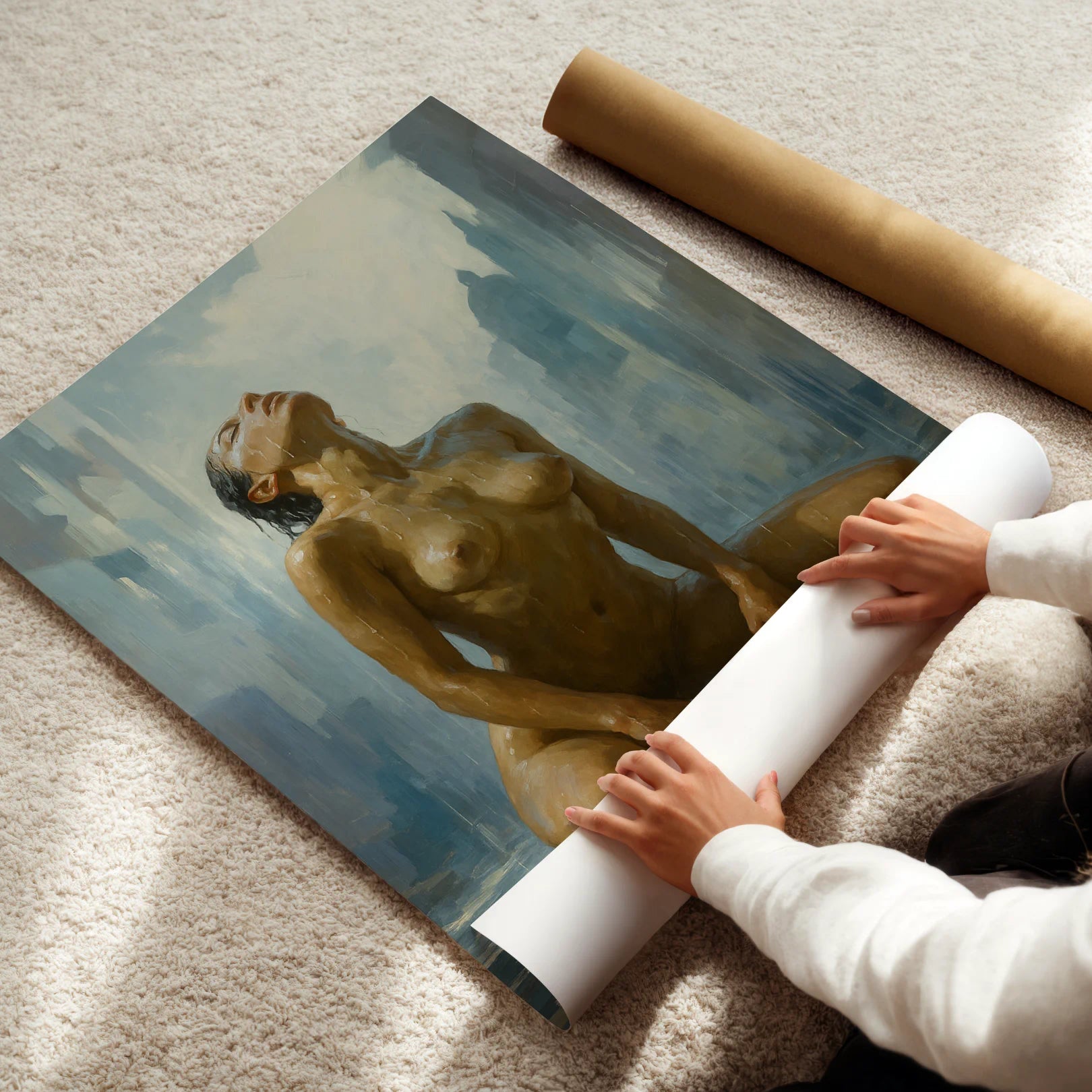 Person unrolling a large painting of a nude woman on a carpeted floor.
