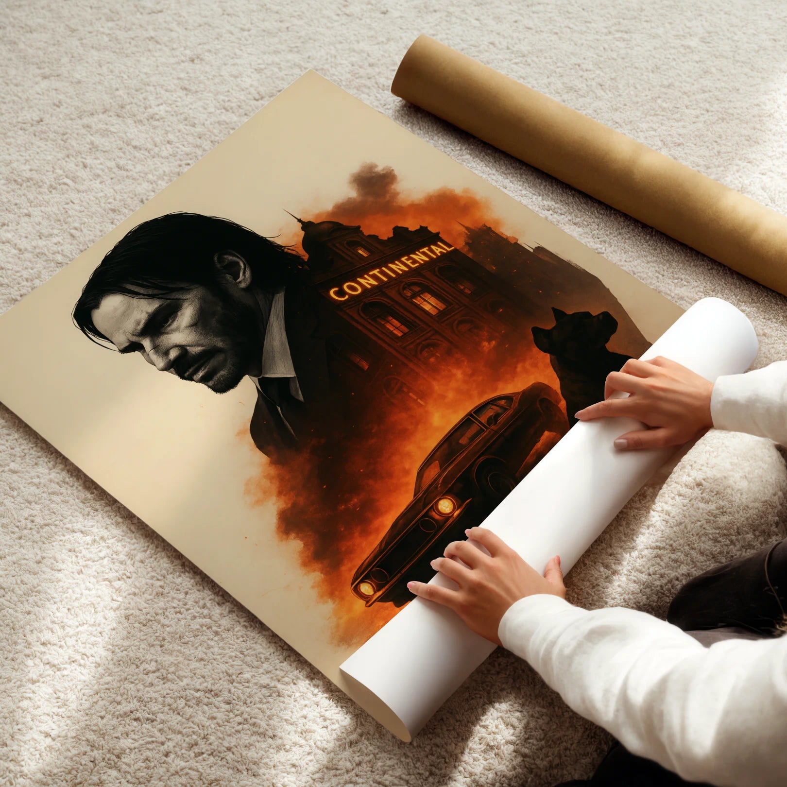 Person unrolling a large poster of John Wick movie actor. The poster contain a man and a car with 'Continental' text on a beige carpet.
