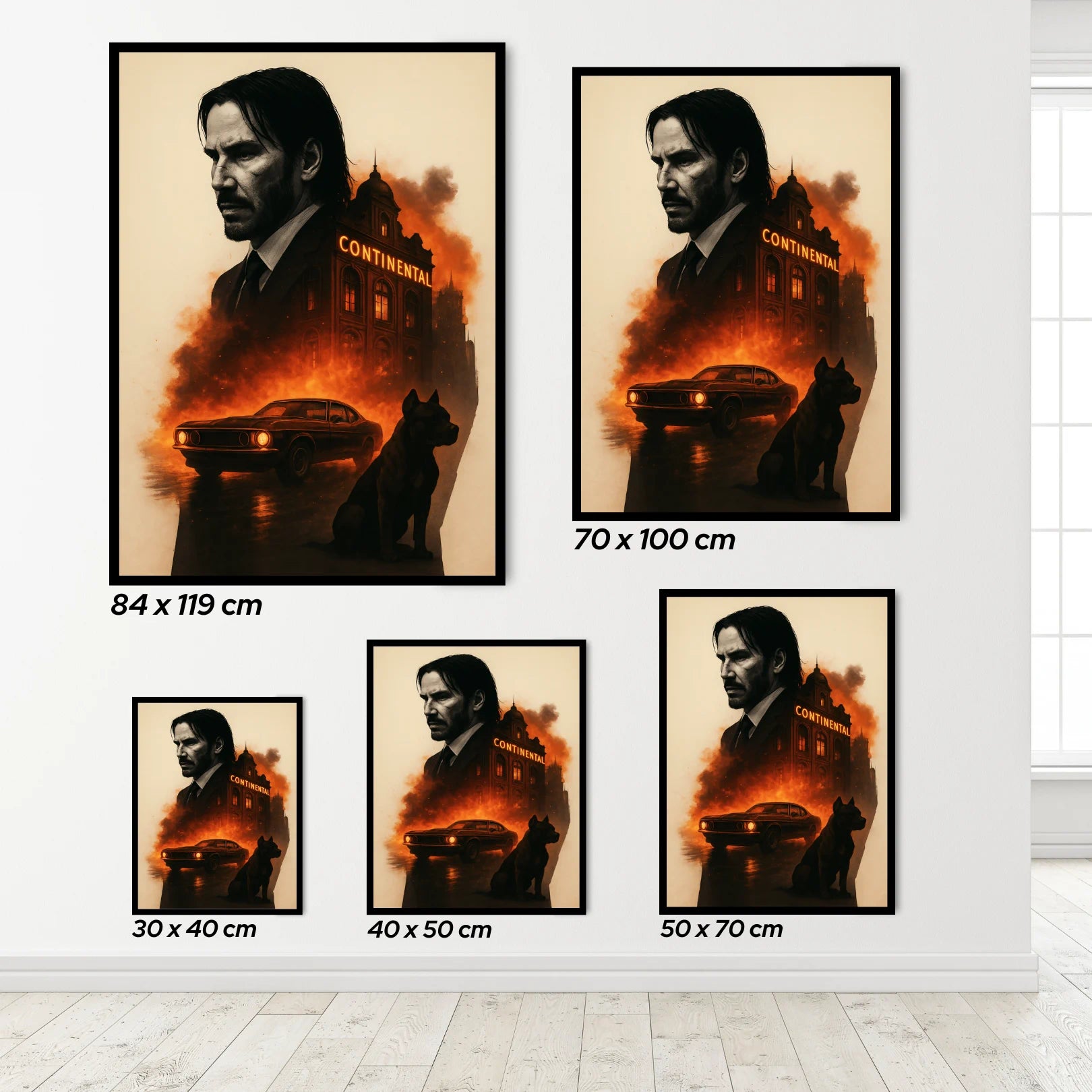 Set of John Wick posters in various sizes on a white wall.
