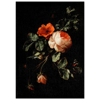 Floral arrangement with red and pink roses on a black background
