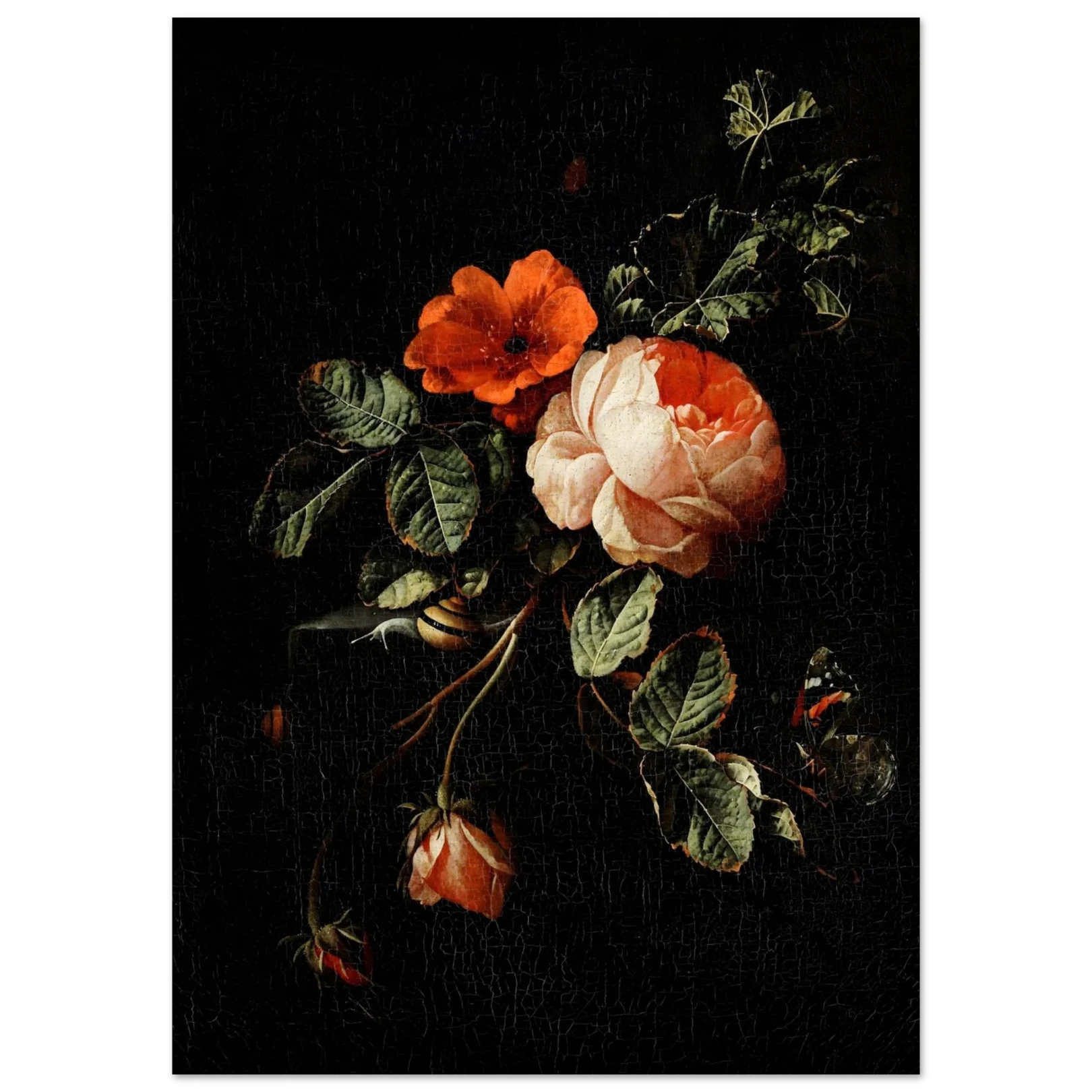Floral arrangement with red and pink roses on a black background