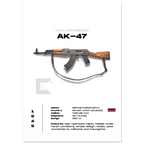 AK-47 rifle poster with detailed specifications on a white background
