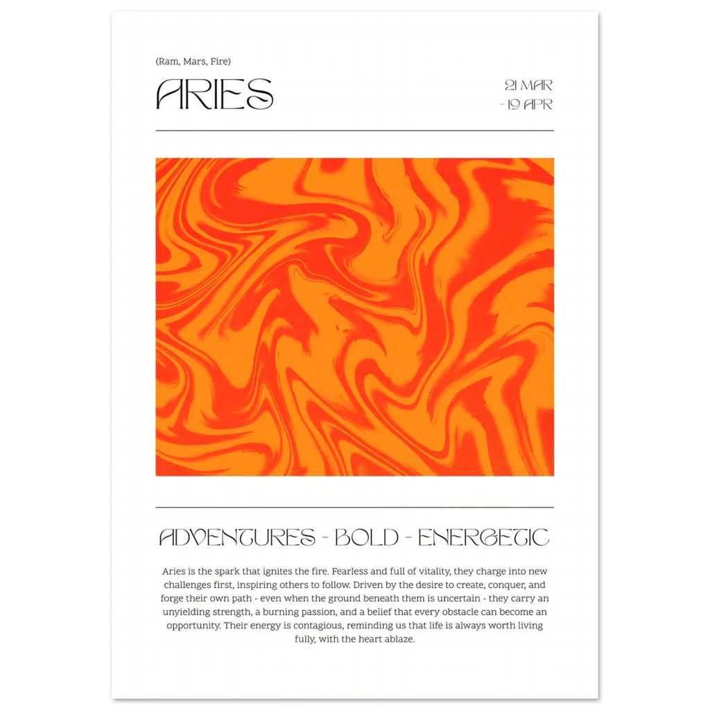 Zodiac card poster for Aries with orange and red abstract design on a white background