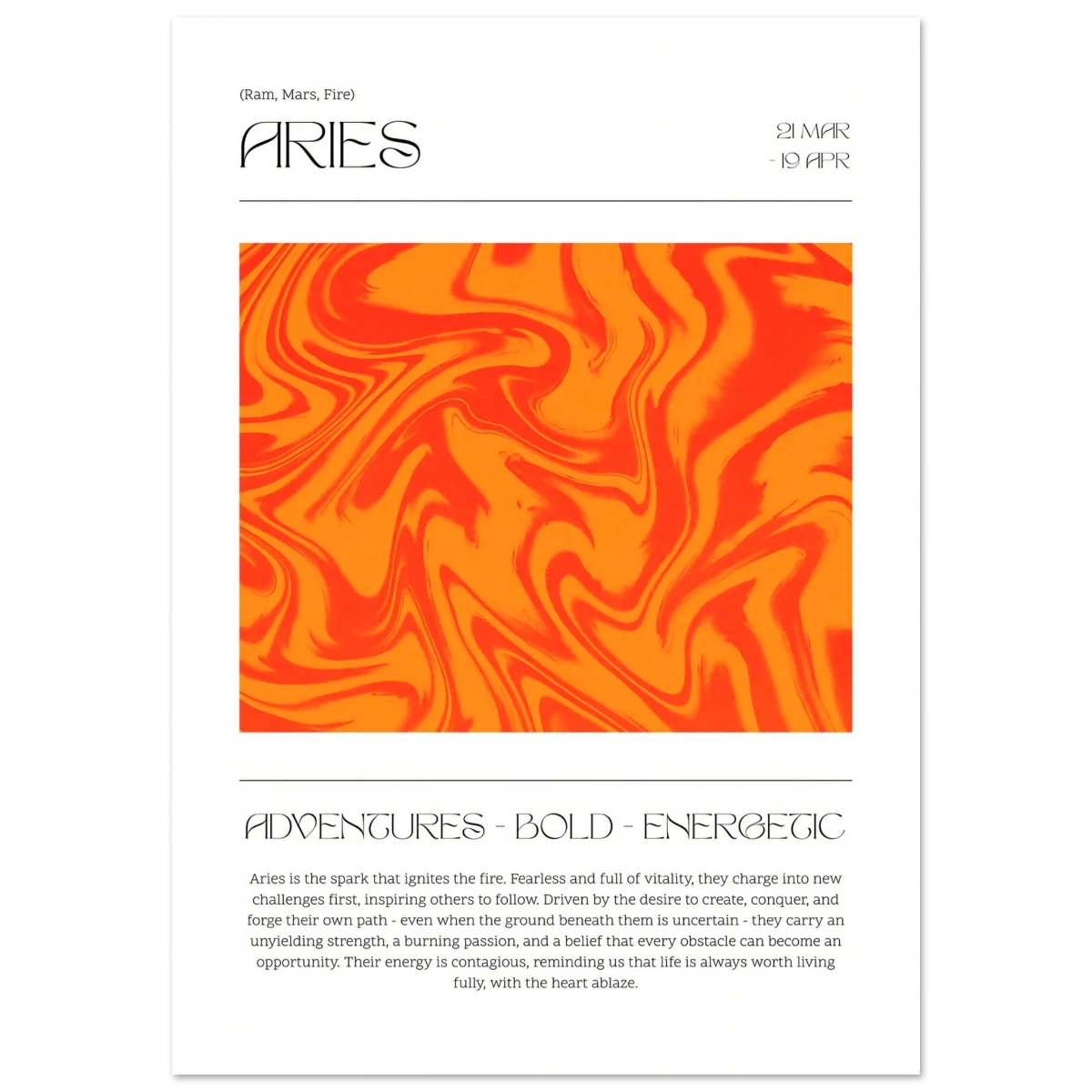 Zodiac card poster for Aries with orange and red abstract design on a white background