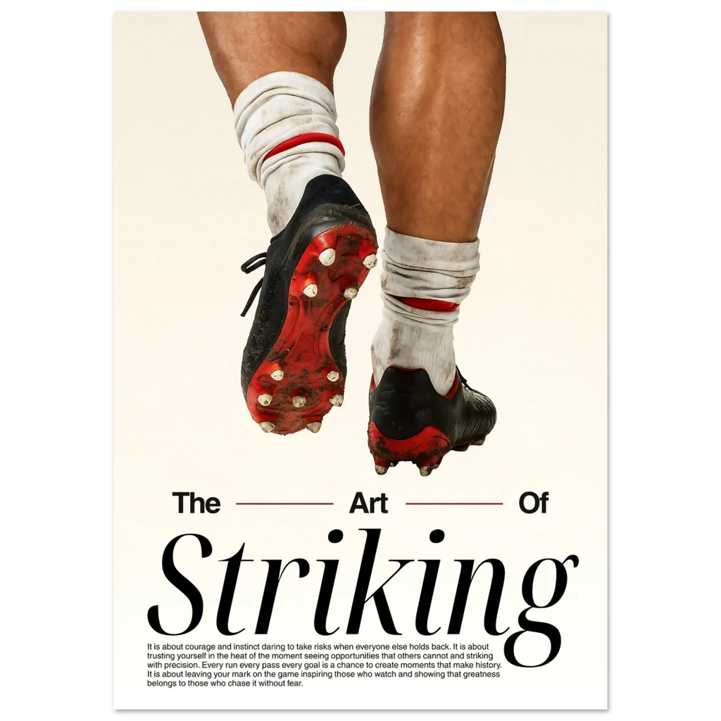 Poster of Soccer shoes with red and black soles on a white background with text 'The Art Of Striking' and motivational text. 