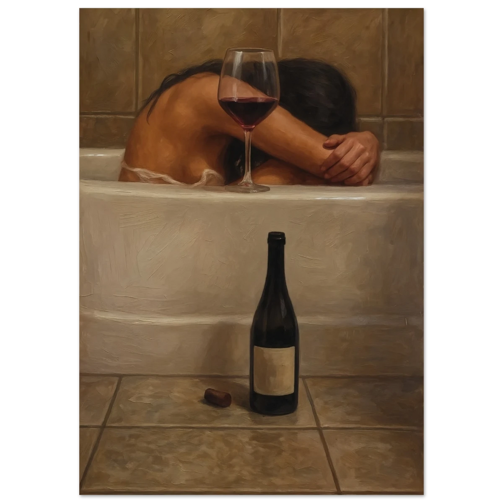 Woman in a bathtub with a glass of wine and a bottle, surrounded by brown tiles.