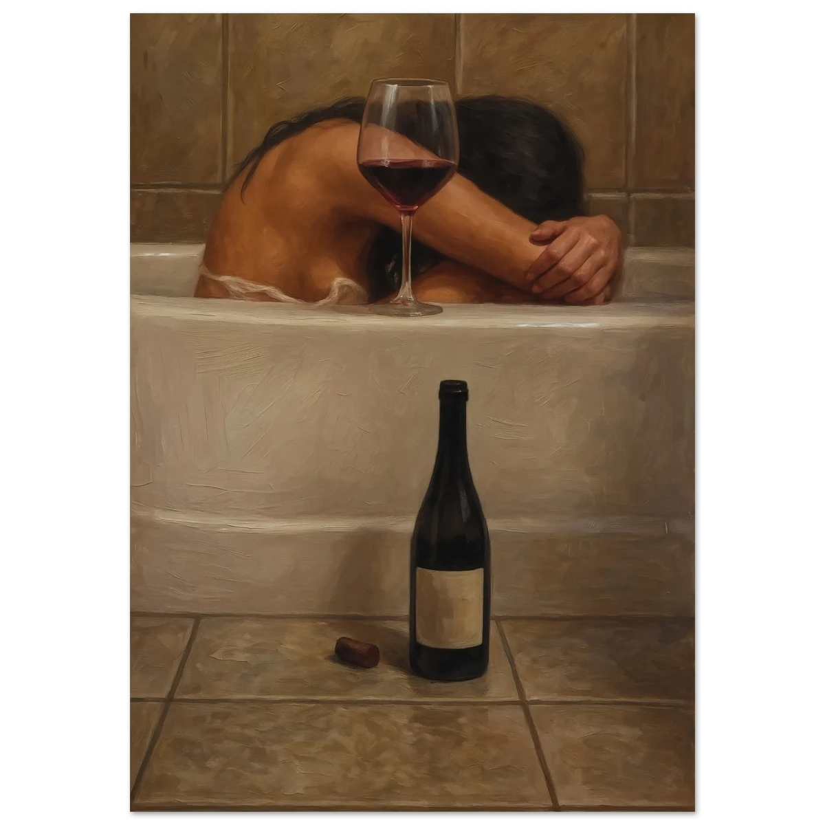 Woman in a bathtub with a glass of wine and a bottle, surrounded by brown tiles.