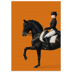 Hermes poster of a Woman riding a black horse on an orange background