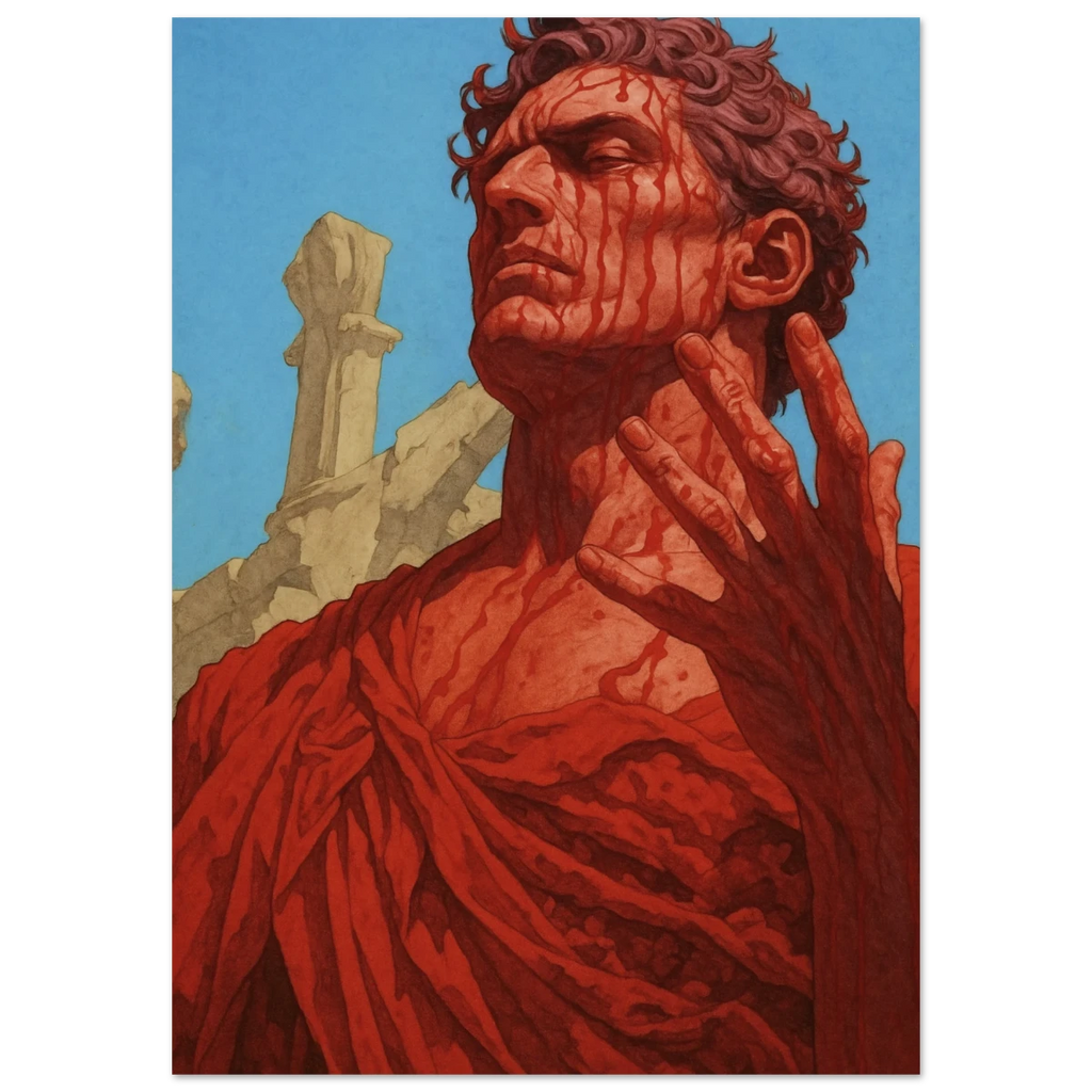 Artistic depiction of a man drained in blood markings against a blue sky and stone structure background