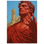 Artistic depiction of a man drained in blood markings against a blue sky and stone structure background