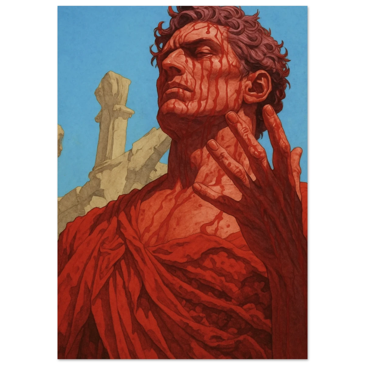 Artistic depiction of a man drained in blood markings against a blue sky and stone structure background