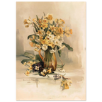 Vintage-style painting of a vase with flowers on a neutral background