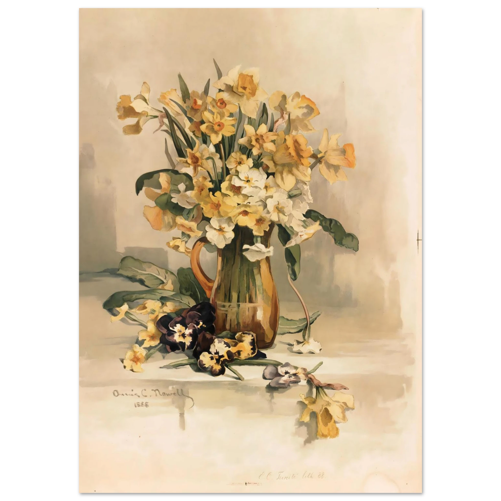 Vintage-style painting of a vase with flowers on a neutral background